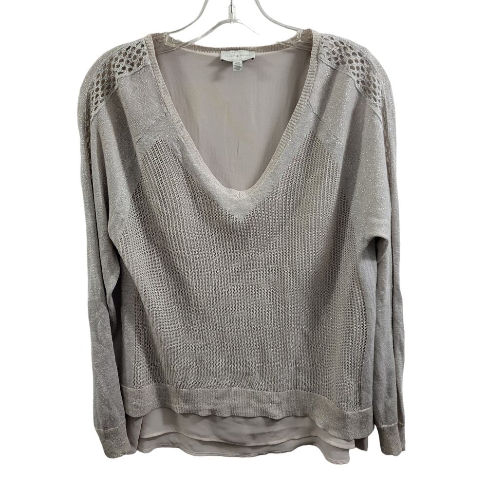 Lucky Brand Beige Layered Linen Rayon Knit Gold Shimmer Sweater Size M 12224-635